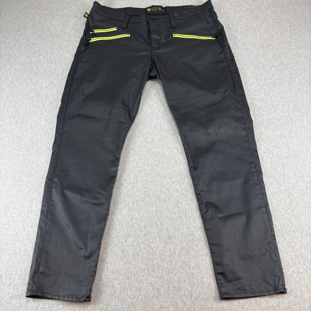 Rock & Republic Jeans Womens 14‎ Banshee Black Neon Green Skinny Grunge Punk